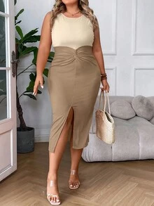 Celure Plus Two Tone Twist Front Split Thigh Dress - Khaki - View 8