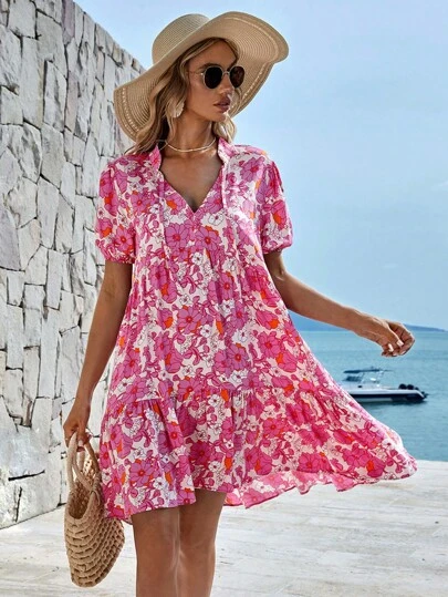 EURMUSE Floral Print Ruffle Hem Smock Dress