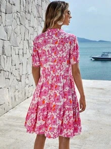 EURMUSE Floral Print Ruffle Hem Smock Dress - Pink - View 2