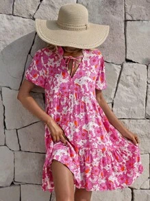 EURMUSE Floral Print Ruffle Hem Smock Dress - Pink - View 3