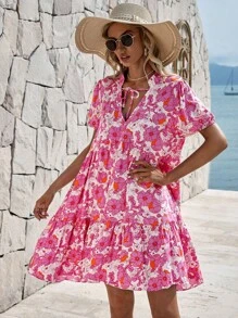 EURMUSE Floral Print Ruffle Hem Smock Dress - Pink - View 4