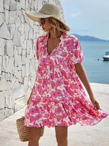 EURMUSE Floral Print Ruffle Hem Smock Dress - Pink - View 5