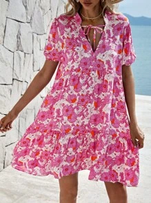 EURMUSE Floral Print Ruffle Hem Smock Dress - Pink - View 6
