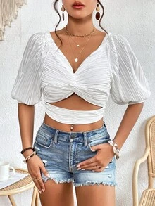 SHEIN VCAY Áo sơ mi nữ Cắt ra xoắn lại màu trơn Giải trí - trắng - Xem 5