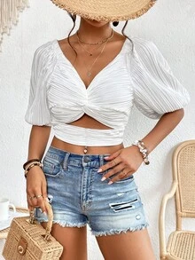 SHEIN VCAY Áo sơ mi nữ Cắt ra xoắn lại màu trơn Giải trí - trắng - Xem 6