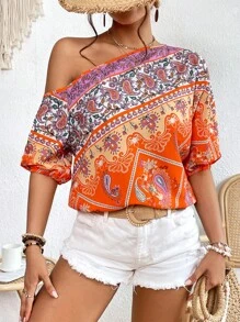 SHEIN VCAY Paisley Print Asymmetrical Neck Blouse - Multicolor - View 1