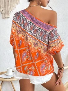 SHEIN VCAY Paisley Print Asymmetrical Neck Blouse - Multicolor - View 2