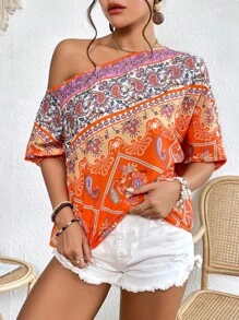 SHEIN VCAY Paisley Print Asymmetrical Neck Blouse - Multicolor - View 4