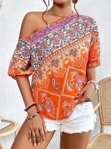 SHEIN VCAY Paisley Print Asymmetrical Neck Blouse - Multicolor - View 5
