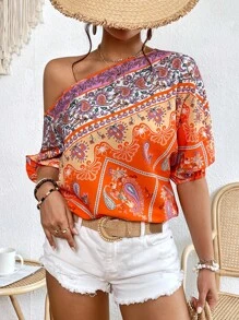 SHEIN VCAY Paisley Print Asymmetrical Neck Blouse - Multicolor - View 6