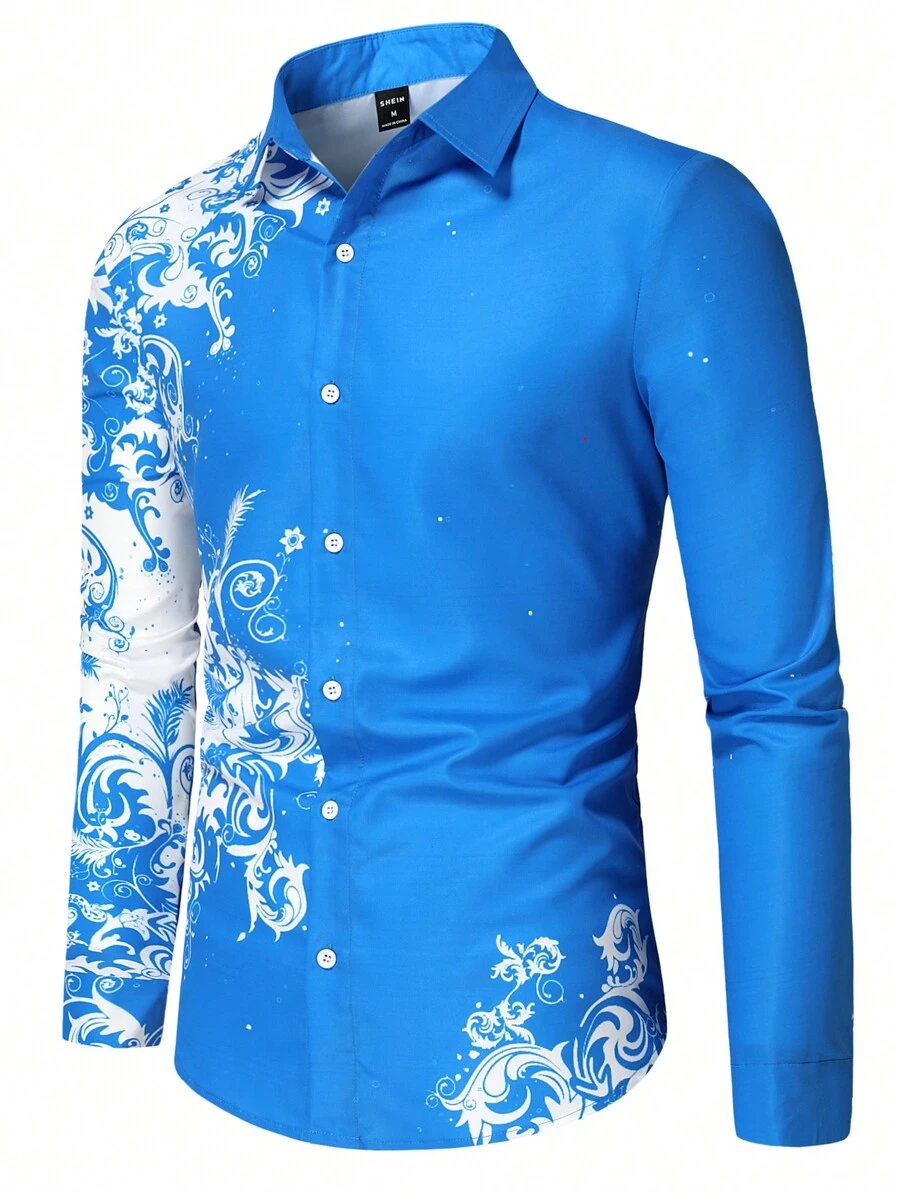 Manfinity AFTRDRK Men Scroll Print Button Up Shirt, Men Blue And White Floral Button Down Shirt, Men Royal Blue Shirt, Blue Graphic Shirt - Blue - View 1
