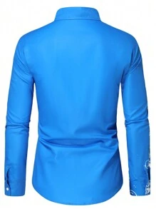 Manfinity AFTRDRK Men Scroll Print Button Up Shirt, Men Blue And White Floral Button Down Shirt, Men Royal Blue Shirt, Blue Graphic Shirt - Blue - View 2