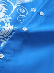 Manfinity AFTRDRK Men Scroll Print Button Up Shirt, Men Blue And White Floral Button Down Shirt, Men Royal Blue Shirt, Blue Graphic Shirt - Blue - View 3