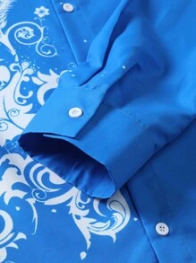 Manfinity AFTRDRK Men Scroll Print Button Up Shirt, Men Blue And White Floral Button Down Shirt, Men Royal Blue Shirt, Blue Graphic Shirt - Blue - View 5
