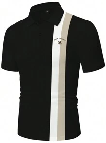 Manfinity Homme Áo thun có cổ Nam Nút phía trước Khối Màu Lá thư Giải trí - màu đen - Xem 4