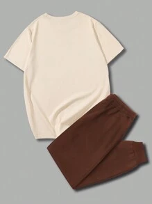 Manfinity Homme 男士標語圖案落肩T恤和腰部抽繩衛褲 - 彩色 - 查看 2