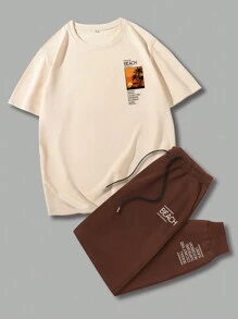 Manfinity Homme 男士標語圖案落肩T恤和腰部抽繩衛褲 - 彩色 - 查看 3