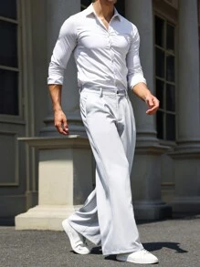 Manfinity Mode 男士斜口袋闊腿西裝褲 - 淺灰色 - 查看 5