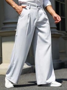 Manfinity Mode 男士斜口袋闊腿西裝褲 - 淺灰色 - 查看 8