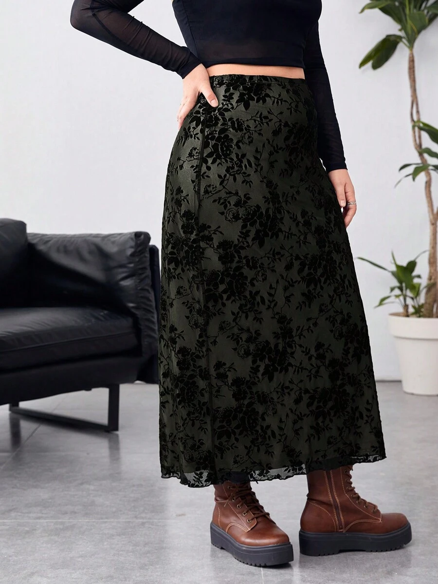 SHEIN Essnce Plus Floral Print Mesh Overlay Skirt - Multicolor - View 1