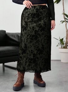 SHEIN Essnce Plus Floral Print Mesh Overlay Skirt - Multicolor - View 5