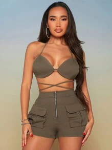 SHEIN SXY Bộ đồ hai mảnh nữ Lộ Lưng Túi Buộc lại Dây kéo màu trơn Gợi cảm - xanh quân đội - Xem 1