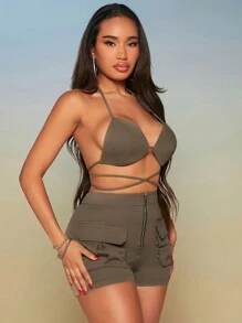 SHEIN SXY Bộ đồ hai mảnh nữ Lộ Lưng Túi Buộc lại Dây kéo màu trơn Gợi cảm - xanh quân đội - Xem 5