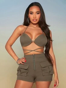 SHEIN SXY Bộ đồ hai mảnh nữ Lộ Lưng Túi Buộc lại Dây kéo màu trơn Gợi cảm - xanh quân đội - Xem 6