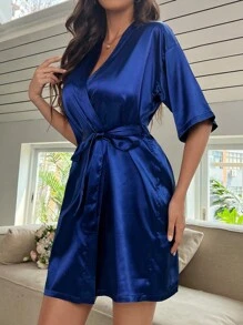 Solid Belted Satin Robe Luxeloungewear, Fall, Winter - Blue - View 5