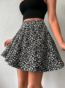 碎花喇叭半身裙 - 黑色 - 查看 1