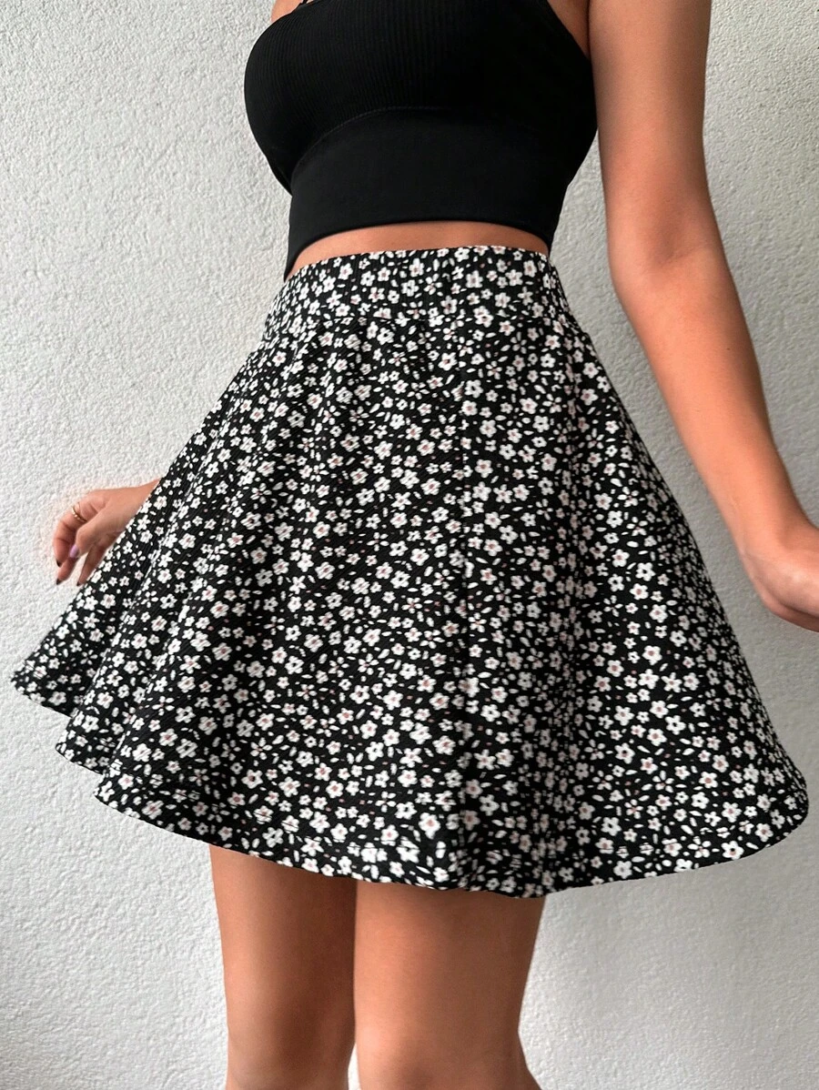 碎花喇叭半身裙 - 黑色 - 查看 1