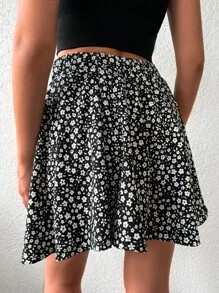 碎花喇叭半身裙 - 黑色 - 查看 2