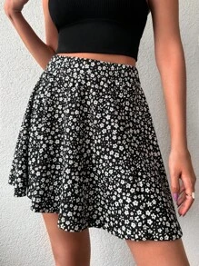 碎花喇叭半身裙 - 黑色 - 查看 3