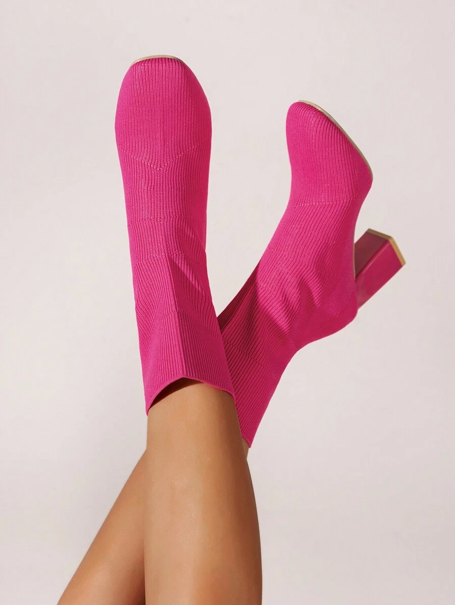 Giày bốt cao gót dệt kim thời trang màu trơn, cao đến giữa bắp chân dành cho nữ, thích hợp cho phụ nữ mặc vào mùa thu đông, dự tiệc