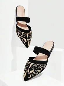 CUCCOO TILAWA Giày bệt mule đen thời trang cho nữ, chi tiết thêu lá Mũi giày vải đế bệt - màu đen - Xem 5