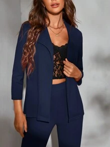 BizChic Solid Open Front Blazer & Trousers Without Cami Top - Navy Blue - View 6