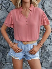 SHEIN LUNE Áo sơ mi nữ phân lớp Nút phía trước màu trơn Giải trí - Bụi hồng - Xem 1