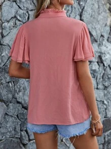 SHEIN LUNE Áo sơ mi nữ phân lớp Nút phía trước màu trơn Giải trí - Bụi hồng - Xem 2