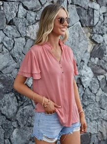 SHEIN LUNE Áo sơ mi nữ phân lớp Nút phía trước màu trơn Giải trí - Bụi hồng - Xem 3