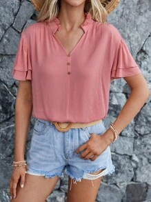 SHEIN LUNE Áo sơ mi nữ phân lớp Nút phía trước màu trơn Giải trí - Bụi hồng - Xem 4