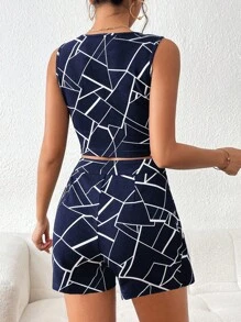 SHEIN Privé Bộ đồ hai mảnh nữ Bất đối xứng Cắt ra Chia Dây kéo Hình học Tất cả trên in Giải trí - Xanh và trắng - Xem 2