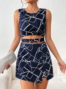 SHEIN Privé Bộ đồ hai mảnh nữ Bất đối xứng Cắt ra Chia Dây kéo Hình học Tất cả trên in Giải trí - Xanh và trắng - Xem 5