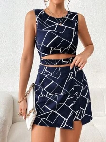 SHEIN Privé Bộ đồ hai mảnh nữ Bất đối xứng Cắt ra Chia Dây kéo Hình học Tất cả trên in Giải trí - Xanh và trắng - Xem 6