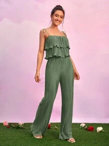 SHEIN Essnce 荷葉邊吊帶上衣和闊腿褲 - 橄欖綠 - 查看 1