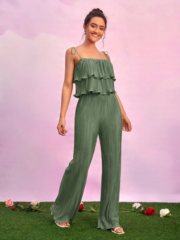 SHEIN Essnce 荷葉邊吊帶上衣和闊腿褲