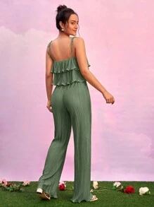 SHEIN Essnce 荷葉邊吊帶上衣和闊腿褲 - 橄欖綠 - 查看 2