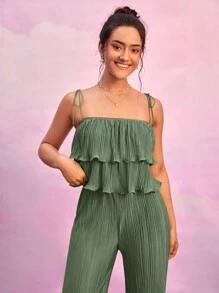 SHEIN Essnce 荷葉邊吊帶上衣和闊腿褲 - 橄欖綠 - 查看 3