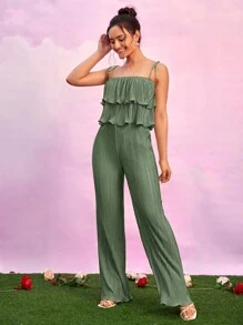 SHEIN Essnce 荷葉邊吊帶上衣和闊腿褲 - 橄欖綠 - 查看 4