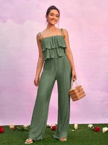 SHEIN Essnce 荷葉邊吊帶上衣和闊腿褲 - 橄欖綠 - 查看 5