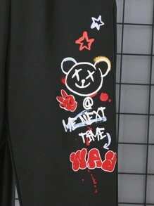 SHEIN 2 Cái/bộ Tween Nam Giản Dị Thể Thao Graffiti & In Chữ Lớn Áo Thun Nữ Tay Ngắn Và Quần Thể Thao Cho Mùa Hè & Mùa Thu - Đen và trắng - Xem 3